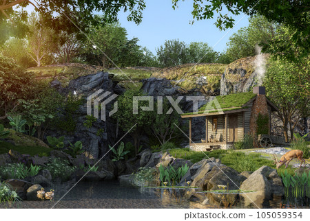 Imaginary scene of a small old wooden house simple and quiet located on the hill Surrounded by rivers, forests, cliffs 3d render illustration 105059354
