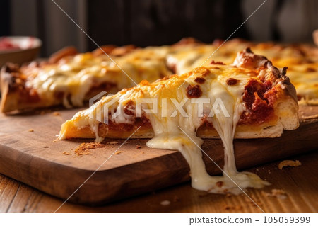 close-up of half-eaten pizza with melting cheese on wooden table, created with generative ai 105059399