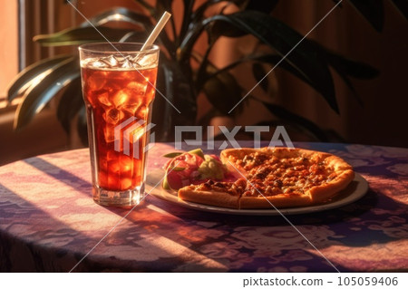 half-eaten pizza with a glass of soda nearby, created with generative ai 105059406