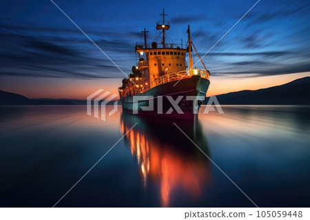 long exposure of trawler moving through twilight waters, created with generative ai 105059448