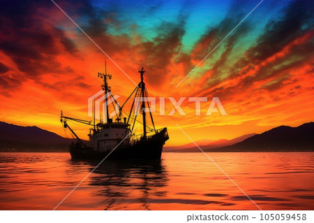 silhouette of fishing trawler against vibrant sunset sky, created with generative ai silhouette of fishing trawler against vibrant sunset sky, created with generative ai 105059458