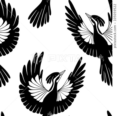 Seamless vector pattern of woodpeckers silhouettes. Texture with black stylized bird on white background. Surface design. Ornithology background Seamless vector pattern of woodpeckers silhouettes. Texture with black stylized bird on white background. Surface design. Ornithology background 105059522