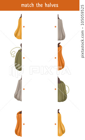 Find right half for various autumn pumpkins. Vector worksheet template for preschool lessons. Match the halves. Children educational gardening game 105059525