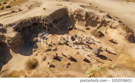 Artistic recreation of aerial view of a archaeological excavation site in a desert. Illustration AI Artistic recreation of aerial view of a archaeological excavation site in a desert. Illustration AI 105059601