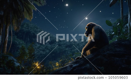 Recreation of a hominid sit down looking the stars at night in the jungle. Illustration AI Recreation of a hominid sit down looking the stars at night in the jungle. Illustration AI 105059603