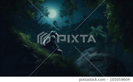 Recreation of a bipedal hominid sit down looking the stars at night in the jungle. Illustration AI 105059604