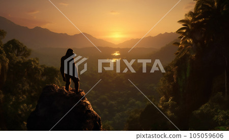 Recreation of a bipedal hominid in a rock at sunset in the jungle. Illustration AI 105059606