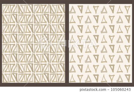 Triangle shape ethnic seamless patterns, set of 2. Hand drawn doodle paint brush stroke geometric grid, modern monochrome beige design. Light backdrop. Vector 105060243