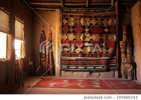 traditional navajo rug hung on an adobe wall, created with generative ai traditional navajo rug hung on an adobe wall, created with generative ai 105060343