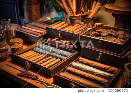 rolled cigars aging in a traditional wooden humidor, created with generative ai 105060373