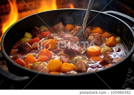 close-up of bubbling stew inside a dutch oven, created with generative ai close-up of bubbling stew inside a dutch oven, created with generative ai 105060382