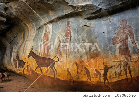 ancient hunting scene depicted in rock art, created with generative ai 105060580