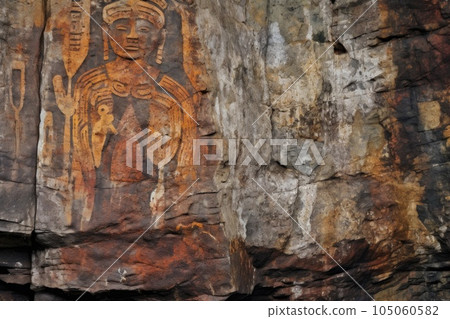ancient rock paintings blending with natural stone texture, created with generative ai 105060582