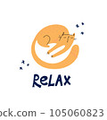 Illustration The cat curled up and sleeps. Cute poster hand-drawn cat and lettering Relax. Vector drawing of a relaxing kitten for print, textile, t-shirts, cards, stickers, posters. 105060823