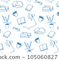 Back to School doodle wallpaper. Various school stuff for homework, table lamp, sleeping cat, cups, books, flower in a pot, glasses. Blue vector seamless pattern over white background 105060827