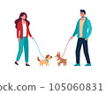 Man and woman in casual clothes walking the dogs of different breeds, keep them on a leash. Active people leisure time. Vector in flat style, cartoon characters isolated on white 105060831