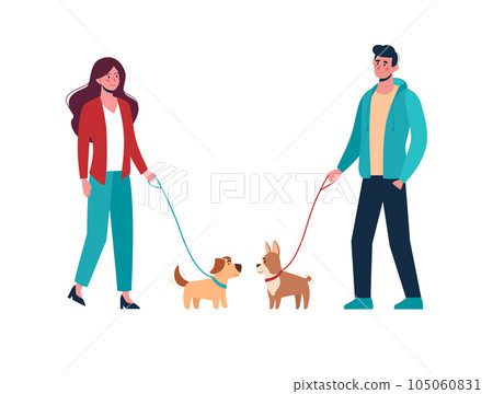 Man and woman in casual clothes walking the dogs of different breeds, keep them on a leash. Active people leisure time. Vector in flat style, cartoon characters isolated on white 105060831