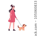 Girl in pink dress walking with funny dog. A child in casual clothes holding a puppy on a leash. An active walk in the fresh air. Cartoon character isolated on white background. Vector in flat style. 105060833