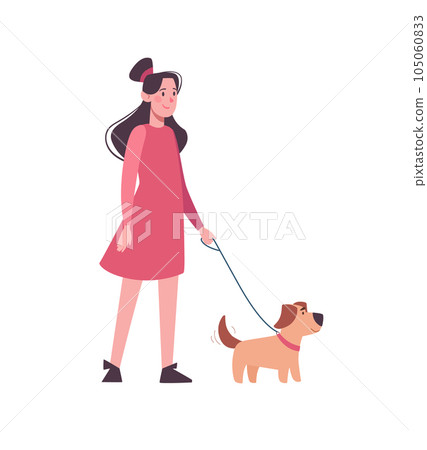 Girl in pink dress walking with funny dog. A child in casual clothes holding a puppy on a leash. An active walk in the fresh air. Cartoon character isolated on white background. Vector in flat style. 105060833