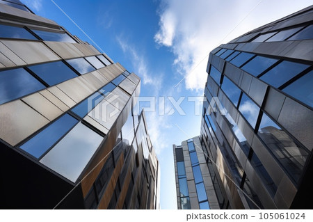 diagonal lines and geometric shapes of modern building facades create dynamic contrast against the sky, created with generative ai 105061024