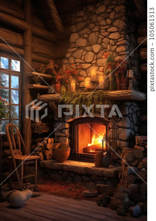 fireplace with crackling logs and warm glow, created with generative ai fireplace with crackling logs and warm glow, created with generative ai 105061313