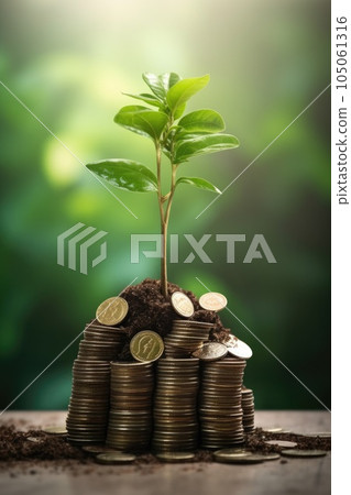 pile of coins with a growing plant on top, symbolizing financial growth, created with generative ai 105061316