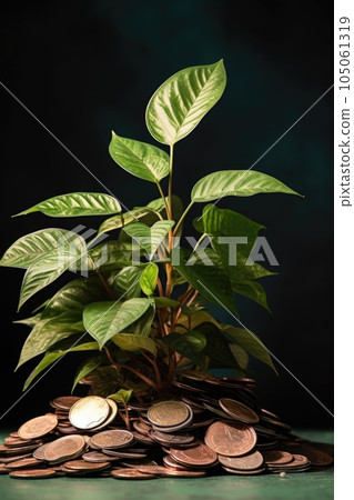 growing plant on a pile of coins symbolizing growth, created with generative ai 105061319