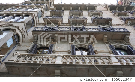 Facade of an old apartment building, Barcelona, Catalonia, Spain, Europe Facade of an old apartment building, Barcelona, Catalonia, Spain, Europe 105061347