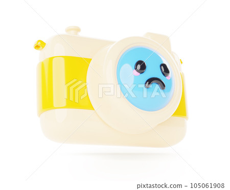 Cute photo camera character with sad face 3d render icon. Cartoon digital SLR photo video camera, service concept for broken gadget. Photographic equipment isolated on background. 3D illustration Cute photo camera character with sad face 3d render icon. Cartoon digital SLR photo video camera, service concept for broken gadget. Photographic equipment isolated on background. 3D illustration 105061908