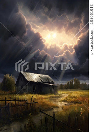 dark clouds contrasting with bright sunlight breaking through, created with generative ai 105061918