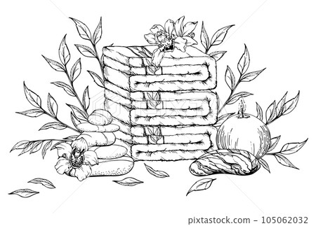 Hand drawn vector ink spa skincare towels bath beauty products package. Horizontal composition. Isolated on white background. Design for wall art, wellness resort, print, fabric, cover, card, booklet. Hand drawn vector ink spa skincare towels bath beauty products package. Horizontal composition. Isolated on white background. Design for wall art, wellness resort, print, fabric, cover, card, booklet. 105062032