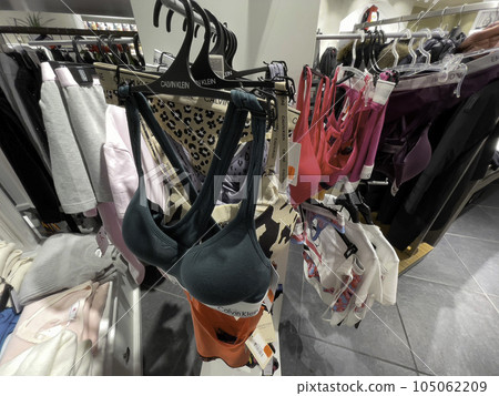 Calvin Klein and Armani underwear for sale hanging on a rack Calvin Klein and Armani underwear for sale hanging on a rack 105062209
