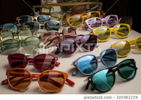 a collection of sunglasses, each in a different style and color, created with generative ai 105062229