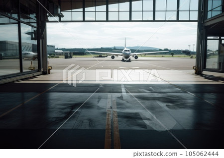 view of empty airport terminal, with view onto the tarmac and planes parked outside, created with generative ai 105062444