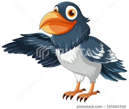 A vector cartoon illustration of a smiling raven with one wing open, isolated on a white background. 105062500