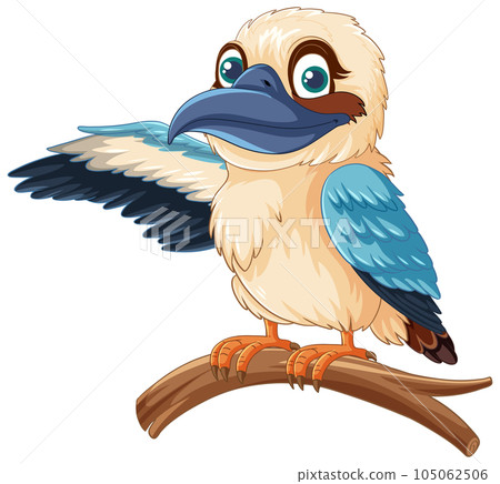 A cartoon illustration of a cute Kookaburra bird standing on a tree branch with one wing open, isolated on white A cartoon illustration of a cute Kookaburra bird standing on a tree branch with one wing open, isolated on white 105062506