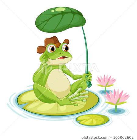 Green Frog Cartoon Character Holding Leaf Umbrella 105062602