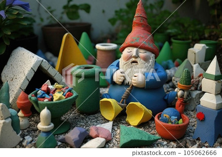 garden gnome garden made from broken ceramic pieces and old toys, created with generative ai 105062666