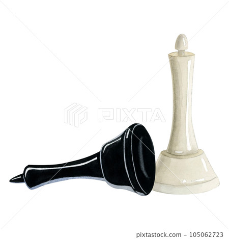 Checkmated black king and white queen chess pieces watercolor illustration isolated on white background for intellectual board game designs Checkmated black king and white queen chess pieces watercolor illustration isolated on white background for intellectual board game designs 105062723