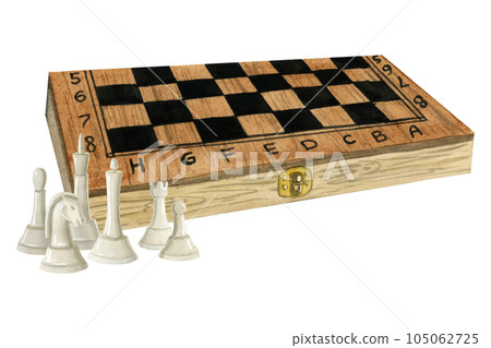 Watercolor wooden chess board box with white figures of king, queen, bishop and knight isolated illustration for intellectual game clubs, quests and quizes Watercolor wooden chess board box with white figures of king, queen, bishop and knight isolated illustration for intellectual game clubs, quests and quizes 105062725