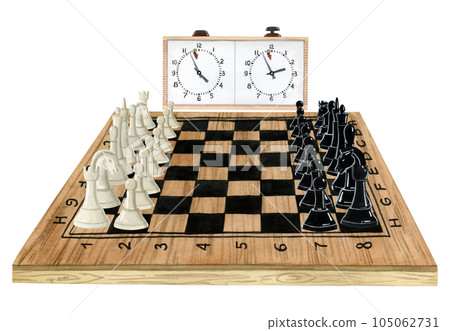 Hand drawn wooden chess board with black and white pieces and clocks watercolor isolated illustration for beginning of the game or competition Hand drawn wooden chess board with black and white pieces and clocks watercolor isolated illustration for beginning of the game or competition 105062731