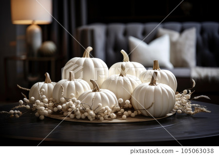 White pumpkins and flowers decorations Generative AI 105063038