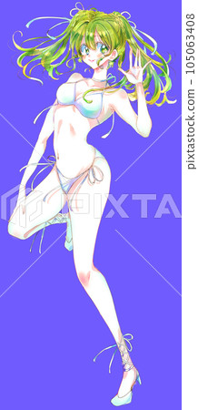 An idol-like woman in a swimsuit with green hair An idol-like woman in a swimsuit with green hair 105063408