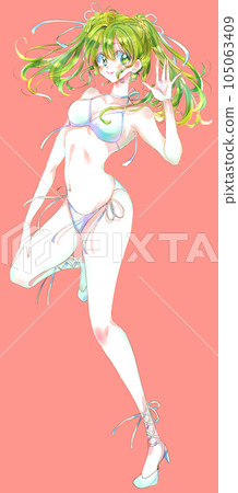 An idol-like woman in a swimsuit with green hair An idol-like woman in a swimsuit with green hair 105063409