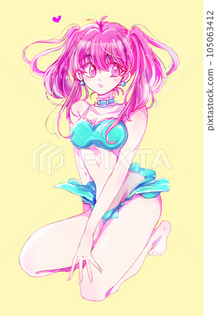 Woman in swimsuit, twin tails, pink hair 105063412