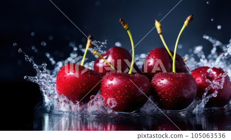 Cherries in water splash on background. Generative AI 105063536