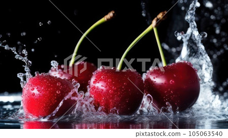 Cherries in water splash on black background. Generative AI 105063540