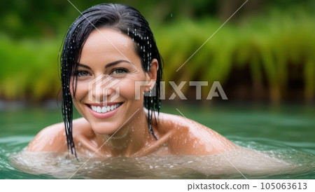 Portrait of beautiful erotic smiling wet woman in the water in the rain. Generative AI 105063613