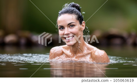 Portrait of beautiful erotic smiling wet woman in the water in the rain. Generative AI 105063619