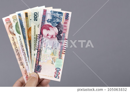 Honduran money in the hand on a gray background 105063832